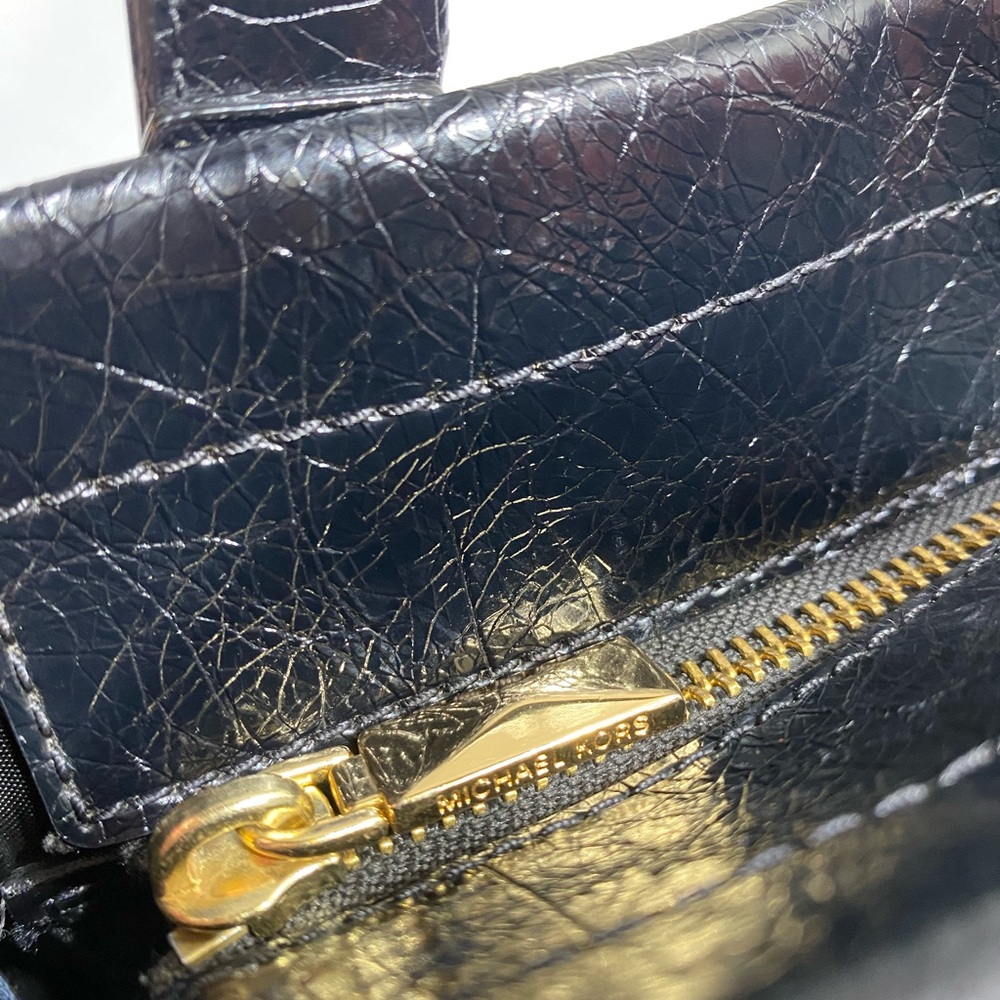 MICHAEL KORS Small Black Leather Tote Logo Handbag Gold Hardware Fall Classic - Picture 6 of 16